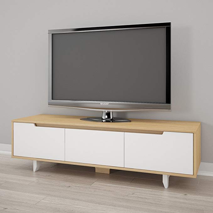 Nexera Nordik 60-inch TV Stand, White and Natural Maple