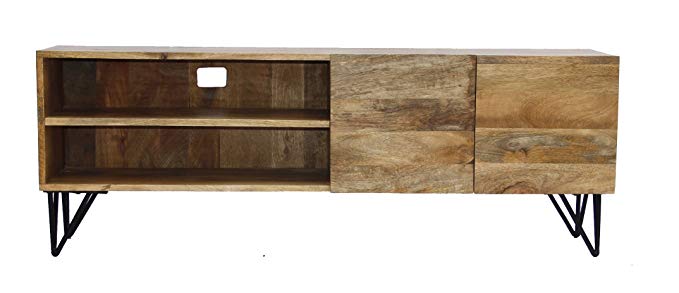 The Urban Port 38930 Industrial Style TV Stand With Storage Cabinet, Natural Wood Finish