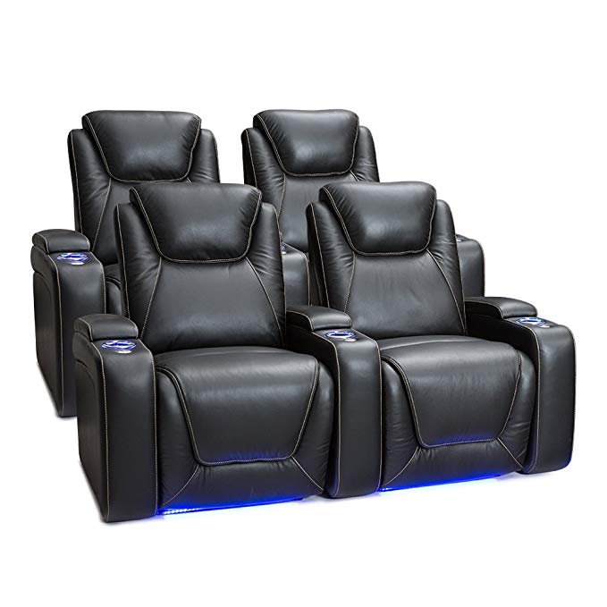 Seatcraft 2212 Equinox Leather Home Theater Seating Power Recline with Adjustable Powered Headrests, Two Rows of 2, Black