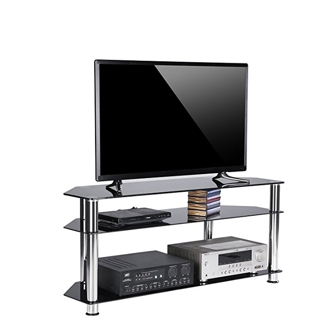 Rfiver Black Tempered Glass Corner TV Stand Suit for LED, LCD, OLED and Plasma Flat or Curved Screen TVs up to 55-Inch,Black Glass and Chrome Tube TS1003