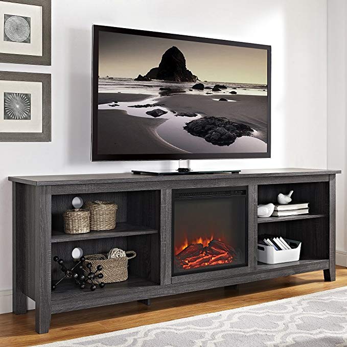 New 70 Inch Wide Television Stand with Fireplace in Charcoal Finish