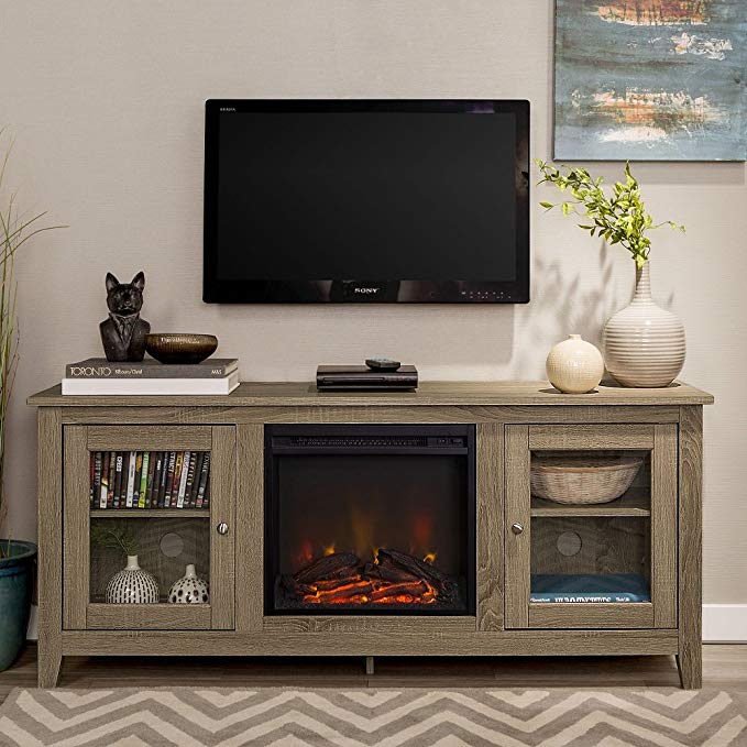 Fireplace Tv Stand 58 Inch Wide with Glass Doors-Driftwood Finish