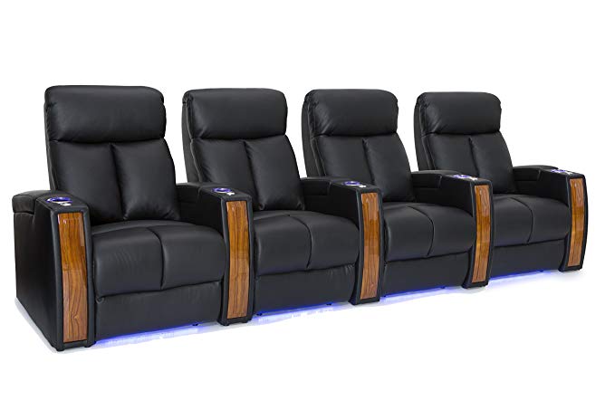 Seatcraft Seville Home Theater Seating Leather Power Recline with SoundShaker, in-arm Storage, Base Lighting, and Lighted Cup Holders (Black, Row of 4)