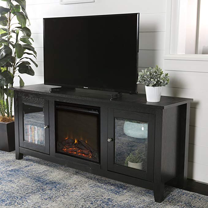 New 58 Inch Wide Black Fireplace Television Stand with Glass Doors