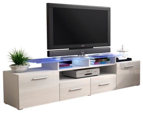 MEBLE FURNITURE & RUGS TV Stand Vegas Matte Body High Gloss Doors Modern TV Stand (White)