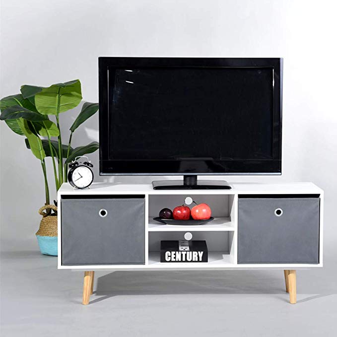 Aingoo White Modern TV Stand Wooden 43IN Console Table Table with Media Shelf Large Drawer Storage White MDF Fabric