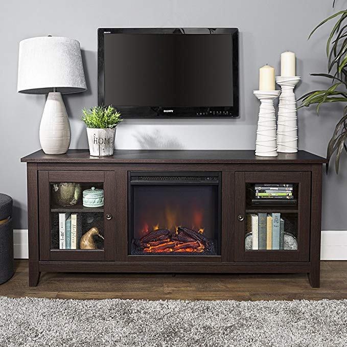 New 58 Inch Wide Fireplace Tv Stand with Glass Doors-Espresso Brown Finish