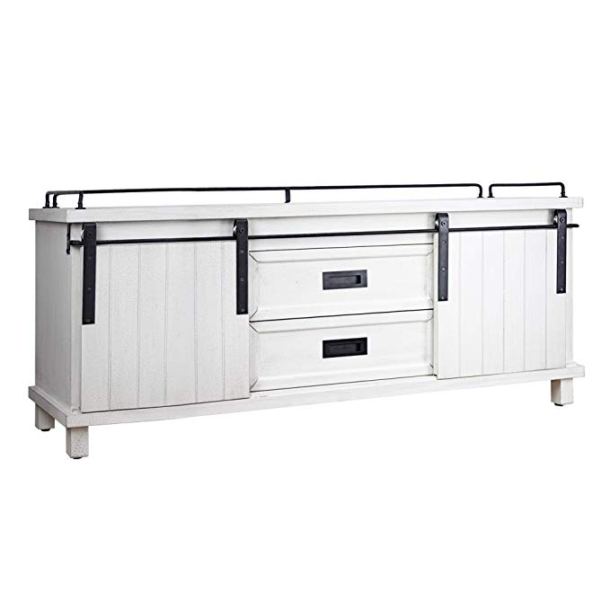 American Art Décor Whitewashed Wood and Metal Storage Bench or Entertainment Center with Cabinet Console with Sliding Doors and Drawers