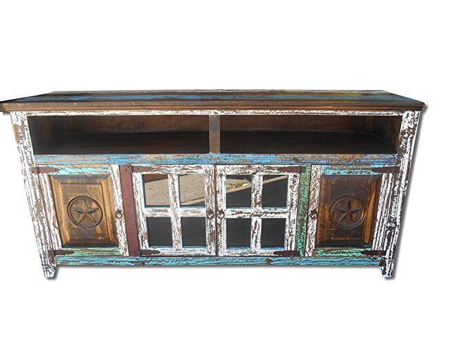 Hiend 72 Inch Rustic Western Multi Color Antique Distressed Reclaimed Wood Look TV Stand Solid Wood Already Assembled