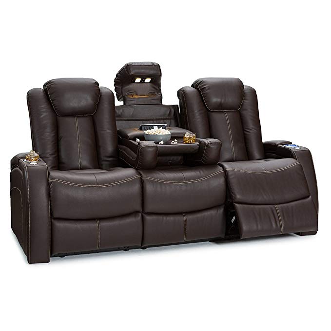 Seatcraft Republic Leather Home Theater Seating Power Recline Multimedia Sofa with Adjustable Powered Headrests, Fold-Down Table, and Lighted Cup Holders, Brown