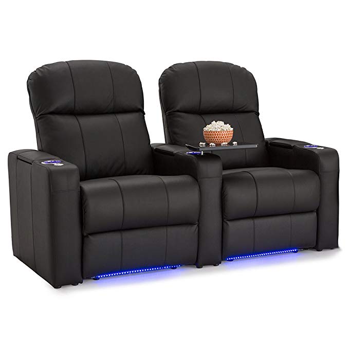 Seatcraft Venetian Bonded Leather Home Theater Seating Manual Recline with In-Arm Storage, Lighted Cup Holders and Base (Row of 2, Black)