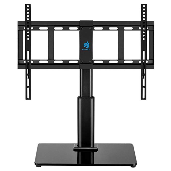 HUANUO HN-TVS02 Universal Table Top TV Stand for 32 to 60 Inch TVs with 40 Degree Swivel, 4.7 Inch Height Adjustment,Tempered Glass Base,Hold up to 60lbs Screens