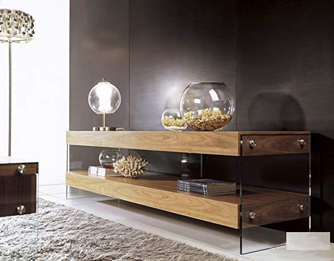 Limari Home The Latrell Collection Modern 2 Tier Shelf MDF and Tempered Glass Rustic Living Room Media Storage TV Stand , Walnut