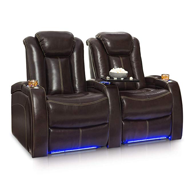 Seatcraft Delta Home Theater Seating Leather Power Recline, Powered Headrests, and Built-in SoundShaker (Row 2, Brown)