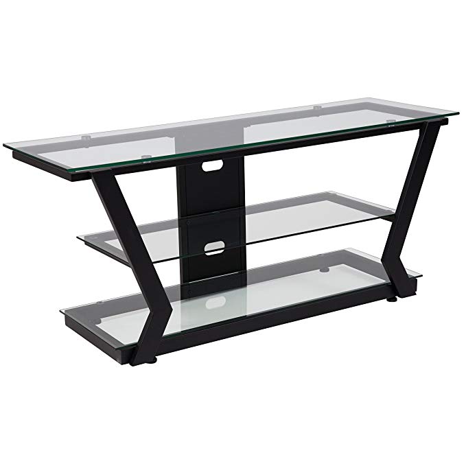 Flash Furniture Harbor Hills Glass TV Stand with Black Metal Frame