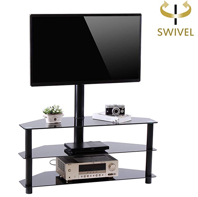 Rfiver Black Corner Floor TV Stand with Swivel Mount Bracket for 32 to 65 inch LED, LCD, OLED and Plasma Flat/Curved Screen TVs, 3-Tier Tempered Glass Shelves for Audio Video TW2002
