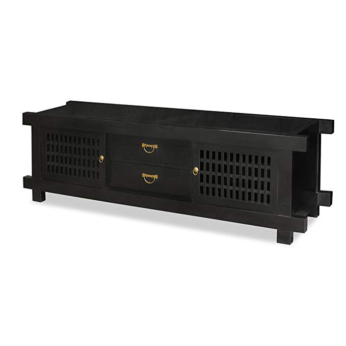 ChinaFurnitureOnline Elmwood Sideboard, 80 Inches Japanese Shinto Media Cabinet Black Lacquer