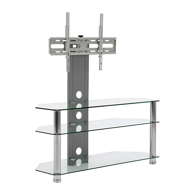 MMT Glass TV Stand Cantilever - Fits LED Tvs, LCD Tvs, Flat Panel Tvs From 30- 65 Inch - Sturdy, Easy To Assemble - Aluminum Silver Finish - Three Glass Shelves - Cable Management