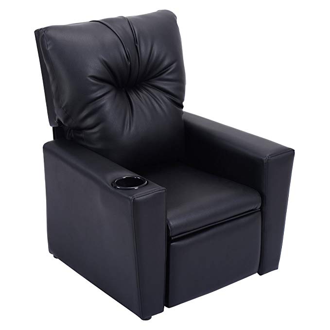 Costzon Kids Recliner Chair Manual PU Leather Reclining Seat w/Cup Holder (Black)