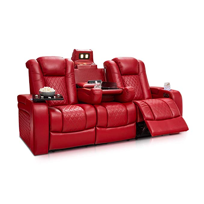 Seatcraft Anthem Home Theater Seating Leather Multimedia Power Recline Sofa with Drop-Down Table, Powered Headrests, Storage, and Cupholders (Red)